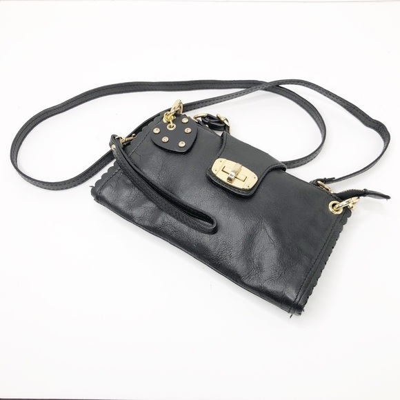 BLACK leather gold toned hardware crossbody wristlet - Picture 2 of 12